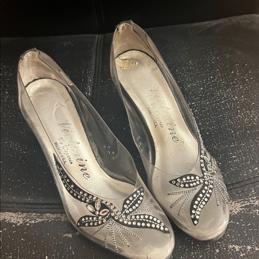 Elegant Clear Heels with Rhinestone Design heel is black silk